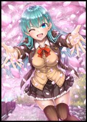 Rule 34 | 1girl, akizuki akina, aqua hair, black border, blue eyes, blush, border, bow, breasts, brown jacket, brown skirt, brown thighhighs, cherry blossoms, collared shirt, foreshortening, frilled skirt, frills, hair ornament, hairclip, jacket, kantai collection, large breasts, long hair, long sleeves, one eye closed, open clothes, open jacket, open mouth, outdoors, pleated skirt, red neckwear, remodel (kantai collection), school uniform, shirt, skirt, solo, suzuya (kancolle), thighhighs, white shirt