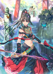 Rule 34 | 1girl, arrow (projectile), bible bullet, black hair, blurry, blurry background, bow (weapon), bug, butterfly, clare (543), earrings, fingerless gloves, gloves, green eyes, highres, bug, jewelry, long hair, looking at viewer, midriff, navel, necklace, outdoors, ponytail, skirt, solo, standing, tattoo, tori, torii, weapon