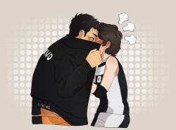Rule 34 | 1boy, 1girl, puff of air, bare shoulders, black hair, black jacket, brown hair, censored kiss, citri nate, couple, covering privates, cropped legs, elbow pads, haikyuu!!, height difference, hetero, highres, implied kiss, jacket, kiss, long sleeves, michimiya yui, polka dot, polka dot background, sawamura daichi, short hair, simple background, sportswear, track jacket, volleyball uniform