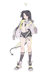 Rule 34 | 1girl, bandaid, bandaids on nipples, black hair, black horns, blush, breasts, charles (106858), collar, demon girl, eyes visible through hair, flat chest, full body, grey eyes, grey shorts, grey socks, hair ornament, horns, jacket, kneehighs, long hair, long sleeves, looking at viewer, navel, open clothes, original, pasties, sandals, short shorts, shorts, simple background, sleeves past wrists, socks, solo, standing, stomach, strap, tail, white background, white footwear, x hair ornament