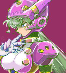 Rule 34 | 1girl, android, blue eyes, breasts, capcom, commentary request, finger in another&#039;s mouth, finger sucking, finger to mouth, gloves, green hair, hakushin, heart, helmet, holding hands, large breasts, long hair, marino (mega man), mega man (series), mega man x: command mission, mega man x (series), purple background, solo focus, upper body, white gloves