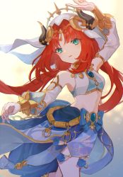 Rule 34 | 1girl, aqua eyes, arm up, bare shoulders, blue skirt, blurry, blurry background, breasts, brooch, circlet, cowboy shot, crop top, dancer, detached sleeves, floating hair, forehead jewel, genshin impact, gold trim, harem outfit, highres, horns, jewelry, korason222, long sleeves, looking at viewer, navel, neck ring, nilou (genshin impact), parted bangs, parted lips, puffy long sleeves, puffy sleeves, red hair, skirt, small breasts, smile, solo, stomach, thighs, vambraces, veil, vision (genshin impact)