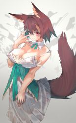 Rule 34 | 1girl, animal ears, bare shoulders, blue nails, blush, breasts, brown tail, cleavage, clothes lift, dress, fox, fox ears, glasses, green ribbon, highres, kesuno, large breasts, nail polish, original, red eyes, ribbon, short hair, smile, solo, standing, tail