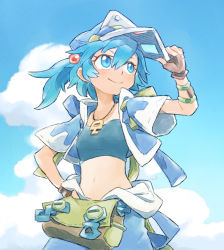 Rule 34 | 1girl, blue eyes, blue hair, blue sky, brown gloves, closed mouth, commentary request, day, fingerless gloves, gloves, hair bobbles, hair ornament, hand on own hip, hat, highres, jewelry, kawashiro nitori, key, looking away, midriff, navel, necklace, outdoors, short hair, short sleeves, sky, smile, solo, touhou, ziro (daydozen)