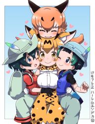 Rule 34 | 4girls, ;), ;d, ^ ^, animal ear fluff, animal ears, ant, backpack, bad id, bad pixiv id, bag, black gloves, black hair, black legwear, blonde hair, blouse, blue background, blue eyes, border, bow, bowtie, breasts, bug, caracal (kemono friends), closed eyes, commentary request, extra ears, girl sandwich, gloves, gradient background, green hair, hair between eyes, hat, hat feather, heart, highres, hug, insect, kaban (kemono friends), kemono friends, kemono friends 2, kyururu (kemono friends), large breasts, pantyhose under shorts, looking at viewer, multicolored hair, multiple girls, nekonyan (inaba31415), one eye closed, open mouth, orange hair, outside border, pantyhose, print neckwear, print skirt, red shirt, sandwiched, serval (kemono friends), serval print, shirt, shorts, simple background, skirt, sleeveless, sleeveless shirt, smile, traditional bowtie, white shirt