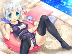 Rule 34 | 1girl, black thighhighs, blue eyes, highres, ochinsama, one-piece swimsuit, original, school swimsuit, short hair, solo, swimsuit, thighhighs, white hair