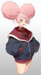 Rule 34 | 1girl, afro puffs, angry, black hoodie, chuatury panlunch, commentary request, fangdan runiu, gundam, gundam suisei no majo, hands in pockets, hood, hoodie, long sleeves, open clothes, open mouth, pink eyes, pink hair, puffy long sleeves, puffy sleeves, short bangs, solo, tagme, thighs, v-shaped eyebrows, zeta gundam