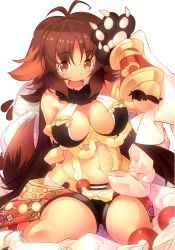 Rule 34 | 1girl, animal ears, animal hands, antenna hair, arm behind back, arm up, bikini, bikini top only, black bikini, black shorts, blush, breasts, breasts apart, brown eyes, brown hair, commentary, fang, full body, fur-trimmed collar, fur trim, gauntlets, gloves, highres, kaori (princess connect!), large breasts, long hair, looking at viewer, moeufocatcher, navel, open mouth, parted bangs, paw gloves, princess connect!, red skirt, romaji commentary, shorts, sidelocks, simple background, sitting, skirt, smile, solo, stomach, swimsuit, tail, very long hair, wariza, white background