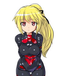 Rule 34 | 10s, 1girl, alternate color, arms behind back, arnval, bad id, bad pixiv id, blonde hair, bodysuit, busou shinki, dd (ijigendd), doll joints, hair ribbon, joints, long hair, looking at viewer, pink eyes, ponytail, ribbon, simple background, skin tight, solo, white background