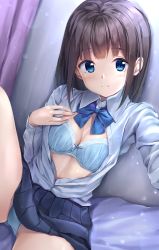 Rule 34 | 1girl, bad id, bad twitter id, blue bow, blue bowtie, blue bra, blue eyes, blue panties, blue skirt, blush, bow, bow bra, bowtie, bra, breasts, brown hair, cleavage, collared shirt, dutch angle, hand on own chest, knee up, long sleeves, looking at viewer, open clothes, open shirt, original, panties, pantyshot, pasdar, pleated skirt, shirt, short hair, sitting, skirt, smile, solo, stomach, underwear, upskirt