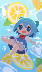 Rule 34 | 1girl, bloomers, blue background, blue bow, blue eyes, blue hair, bow, bowtie, bubble, chibi, cirno, food, fruit, full body, hair bow, highres, ice, ice cube, ice wings, lemon, lemon slice, looking at viewer, nikuq-patata, open mouth, red bow, red bowtie, short hair, short sleeves, solo, touhou, underwear, wings