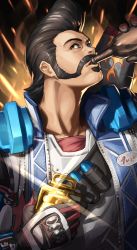 Rule 34 | 1boy, absurdres, animification, apex legends, black hair, blue jacket, bottle, brown eyes, collarbone, drinking, explosive, facial hair, fuse (apex legends), grenade, highres, holding, holding bottle, holding grenade, jacket, looking to the side, male focus, mustache, natural born daredevil fuse, nemoto yuuma, official alternate costume, pompadour, portrait, shirt, solo, white shirt