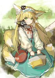Rule 34 | 1girl, absurdres, animal, animal ear fluff, animal ears, arknights, bag, basket, black cat, blonde hair, blue hairband, blue skirt, cat, closed mouth, commentary request, crossover, fox ears, fox girl, fox tail, frilled hairband, frills, green eyes, hair between eyes, hairband, heixiu, high-waist skirt, highres, holding, holding basket, jacket, kitsune, long hair, looking at viewer, luo xiaohei, multicolored hair, neck ribbon, on head, on shoulder, open clothes, open jacket, puffy short sleeves, puffy sleeves, red ribbon, ribbon, shijiubashuazi, shirt, short sleeves, shoulder bag, skirt, smile, suzuran (arknights), suzuran (spring praise) (arknights), tail, luo xiaohei zhanji, two-tone hair, very long hair, white hair, white jacket, white shirt
