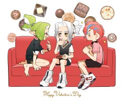 Rule 34 | 3boys, :p, ^ ^, barefoot, black shorts, box, box of chocolates, chocolate, clenched hand, closed eyes, commentary request, couch, fang, green hair, grey hair, happy valentine, high tops, highres, holding, holding box, inkling, inkling boy, inkling player character, male focus, medium hair, mohawk, multiple boys, nintendo, octoling, octoling boy, octoling player character, on couch, open mouth, red footwear, red hair, shoes, short hair, short ponytail, shorts, simple background, sitting, smile, sneakers, sparkle, splatoon (series), tentacle hair, thick eyebrows, tongue, tongue out, two-tone footwear, vege cai, white background, white footwear, yellow eyes
