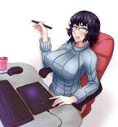 Rule 34 | 1girl, breasts, chair, drawing tablet, glasses, grey eyes, highres, large breasts, lipstick, looking at viewer, makeup, mangaka, mouse (computer), nofuture, original, purple hair, ribbed sweater, short hair, simple background, sitting, solo, sweater, wacom, white background