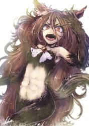 Rule 34 | 1girl, angry, animal ears, bad id, bad pixiv id, brown hair, fangs, fur, highres, imaizumi kagerou, long hair, open mouth, red eyes, solo, tail, touhou, very long hair, wolf ears, wolf tail, yuxyon