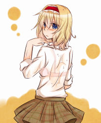 Rule 34 | 1girl, adjusting collar, alice margatroid, alternate costume, back, blonde hair, blue eyes, blush, bra, bra strap, checkered clothes, checkered skirt, female focus, hairband, lingerie, looking back, see-through, shirt, short hair, skirt, sleeves rolled up, solo, touhou, underwear, wet, wet clothes, wet hair, wet shirt, yuuta (monochrome)