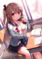 Rule 34 | 1girl, :d, ai ai gasa, blue bra, blue sailor collar, blue skirt, blush, book, bra, breasts, brown hair, cardigan, chair, cleavage, collarbone, commentary request, desk, ezoshika, grey cardigan, hair between eyes, highres, holding, holding pencil, indoors, long hair, long sleeves, mechanical pencil, medium breasts, one side up, open book, open bra, open cardigan, open clothes, open mouth, open shirt, original, pencil, petals, pleated skirt, red eyes, sailor collar, school chair, school desk, shirt, sitting, skirt, sleeves past wrists, smile, solo, underwear, white shirt
