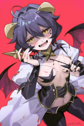 Rule 34 | 1girl, ahoge, artist name, black hair, black nails, blood, blood on clothes, bloody weapon, blush, breasts, bridal gauntlets, cleavage, commentary, corset, demon horns, demon wings, fangs, highres, holding, holding wand, horns, juliet sleeves, long sleeves, magia baiser, mahou shoujo ni akogarete, medium hair, mooopl, nail polish, navel, open mouth, pasties, puffy sleeves, red background, shrug (clothing), simple background, small breasts, smile, solo, standing, star-shaped pupils, star (symbol), star pasties, stomach, symbol-shaped pupils, torn clothes, wand, weapon, wings, yellow eyes