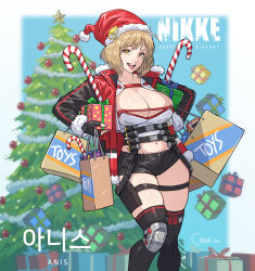 Rule 34 | 1girl, absurdres, ahoge, ammunition, ammunition belt, anis (nikke), bag, black gloves, black jacket, black shorts, black thighhighs, breasts, brown hair, candy, candy cane, carrying, carrying under arm, character name, christmas, christmas tree, cirenk, commentary, commission, explosive, fingerless gloves, food, fur collar, fur trim, gloves, goddess of victory: nikke, grenade, grenade cartridge, hat, highres, jacket, knee pads, large-caliber cartridge, large breasts, leather, leather jacket, lips, multicolored clothes, multicolored jacket, navel, open clothes, open jacket, open mouth, over-kneehighs, pouch, red jacket, santa hat, shopping bag, short hair, short shorts, shorts, shotgun shell, single knee pad, smile, solo, teeth, thigh pouch, thigh strap, thighhighs, two-tone jacket, upper teeth only, vest, white vest, yellow eyes