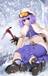 Rule 34 | 1girl, black gloves, blue footwear, boots, breasts, closed mouth, commentary, english commentary, gloves, goggles, goggles on head, highres, lapel pin, large breasts, letty whiterock, looking at viewer, plump, purple eyes, purple hair, short eyebrows, short hair, short sleeves, smile, snow, snowing, solo, statisticstater, touhou, white headwear