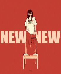 Rule 34 | 1girl, black hair, hand in pocket, highres, long hair, looking at viewer, on chair, original, pants, print shirt, red background, red pants, shadow, shirt, shoes, short sleeves, solo, standing, standing on chair, sunglasses, syooooyoooo, t-shirt, white-framed eyewear, white footwear, wide shot