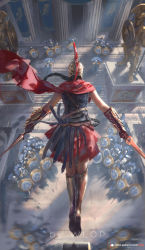 Rule 34 | 1girl, artist name, assassin&#039;s creed, assassin&#039;s creed: odyssey, assassin&#039;s creed (series), belt, bracer, braid, column, dual wielding, falling, from behind, helm, helmet, highres, holding, kassandra (assassin&#039;s creed), long hair, armored boots, motion blur, patreon username, pillar, pleated skirt, plume, polearm, red skirt, shield, skirt, soldier, solo focus, spear, statue, vambraces, weapon, wlop