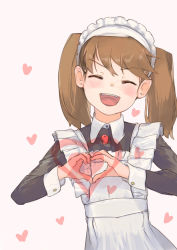 Rule 34 | 1girl, ^ ^, absurdres, alternate costume, apron, blush, brown hair, closed eyes, co botan, enmaided, closed eyes, facing viewer, heart, heart hands, highres, kantai collection, magatama, maid, maid apron, maid headdress, open mouth, ryuujou (kancolle), simple background, solo, twintails, upper body, white background
