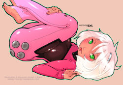 Rule 34 | 1girl, ass, barefoot, diana jakobsson, feet, green eyes, handheld game console, latex, latex suit, nintendo, nintendo ds, original, personification, pink theme, product girl, solo, studiostrawberri, toes, white hair