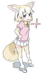 Rule 34 | 10s, 1girl, :o, animal ears, blonde hair, blush, breasts, brown eyes, cowboy shot, elbow gloves, extra ears, fennec (kemono friends), fox ears, fox tail, full body, gloves, gluteal fold, hand on own hip, heart, highres, kemono friends, long hair, looking at viewer, medium breasts, miniskirt, multicolored hair, neck ribbon, pink sweater, pleated skirt, ribbon, shiny skin, short-sleeved sweater, short sleeves, simple background, skirt, skirt hold, smile, solo, source request, standing, sweat, sweater, tail, thighhighs, white background, white hair, white skirt, yellow gloves, yellow ribbon, yellow thighhighs, zettai ryouiki, zk (zk gundan)