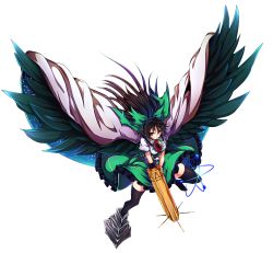 Rule 34 | 1girl, absurdres, arm cannon, asymmetrical footwear, baba (baba seimaijo), bird wings, black hair, black wings, bow, cape, full body, hair bow, highres, long hair, mismatched footwear, red eyes, reiuji utsuho, shirt, short sleeves, skirt, solo, thighhighs, third eye, touhou, transparent background, weapon, wings