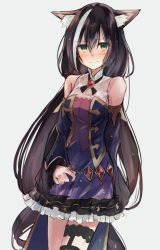 Rule 34 | 1girl, animal ear fluff, animal ears, black hair, black thighhighs, blush, cat ears, closed mouth, commentary request, detached sleeves, green eyes, grey background, karyl (princess connect!), long hair, looking at viewer, low twintails, mogupon, multicolored hair, princess connect!, simple background, single thighhigh, sketch, solo, standing, streaked hair, thighhighs, twintails, very long hair, wet, wet clothes, white hair