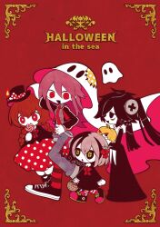Rule 34 | 4girls, bags under eyes, basket, black dress, black eyes, black hair, bow, bowtie, braid, bright pupils, brown hair, candla (funamusea), candy, colored skin, cover, cover page, crea flankenstein, met (funamusea), dress, english text, food, funamusea, funamusea (artist), ghost, ghost costume, green pupils, hair ornament, halloween, hat, holding, holding basket, holding candy, holding food, holding lollipop, holding pumpkin, holding vegetable, jack-o&#039;-lantern, jacket, kumori (funamusea), lollipop, long hair, multicolored hair, multiple girls, nail polish, neck ribbon, necktie, official art, pink hair, polka dot, polka dot dress, polka dot headwear, pumpkin, red background, red bow, red eyes, red hair, red nails, red necktie, red ribbon, ribbon, shoes, short hair, striped clothes, striped thighhighs, sutare yume, thighhighs, vegetable, white pupils, white skin