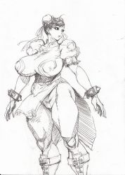 Rule 34 | 1girl, bonten, breasts, bun cover, cameltoe, capcom, china dress, chinese clothes, chun-li, double bun, dress, female focus, highres, huge breasts, kicking thighs, looking at viewer, monochrome, pantyhose, pelvic curtain, scan, short hair, smile, solo, street fighter, thick thighs, thighs, toned, traditional media