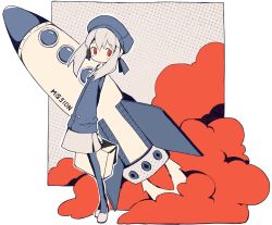 Rule 34 | 1girl, holding behind back, blue pantyhose, blue shirt, blush, briefcase, buttons, collared shirt, dotted background, fire, grey footwear, grey hair, grey skirt, hat, holding, holding briefcase, limited palette, long hair, looking to the side, melanbread, original, pantyhose, red eyes, rocket, shirt, shoes, skirt, smoke, taking off