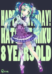 Rule 34 | 1girl, ahoge, artist name, character name, full body, gloves, green eyes, green hair, happy birthday, hat, hatsune miku, headset, long hair, matching hair/eyes, mini hat, mini top hat, open mouth, riccae, simple background, single sock, single thighhigh, skirt, socks, solo, thighhighs, top hat, twintails, vocaloid