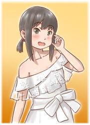 Rule 34 | 1girl, black eyes, black hair, collarbone, commentary request, dress, flat chest, fubuki (kancolle), gradient background, highres, kantai collection, karasu (naoshow357), looking at viewer, low ponytail, medium hair, off-shoulder dress, off shoulder, official alternate costume, orange background, ponytail, short ponytail, sidelocks, solo, standing, white dress