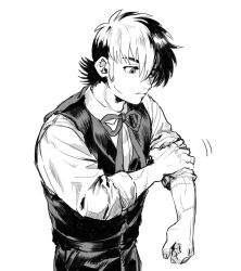 Rule 34 | 1boy, black jack (character), black jack (series), bow, bowtie, collared shirt, facial scar, greyscale, hair over one eye, long sideburns, long sleeves, looking down, male focus, mame moyashi, monochrome, multicolored hair, pants, rolling sleeves up, scar, scar on arm, scar on cheek, scar on face, shirt, short hair, sideburns, simple background, solo, split-color hair, two-tone hair, vest