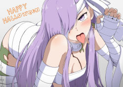 Rule 34 | 1girl, bandage over one eye, bandages, blush, breasts, claw pose, cleavage, drill bulbul, fate/grand order, fate (series), grey background, hair over one eye, heavy breathing, kingprotea (fate), long hair, medium breasts, purple eyes, purple hair, solo, tongue, tongue out