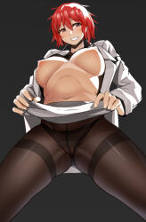 Rule 34 | 1girl, ayakumo, black background, black panties, black pantyhose, black shirt, breasts, commentary, english commentary, from below, horikawa raiko, jacket, large breasts, long sleeves, looking at viewer, messy hair, navel, nipples, open clothes, open jacket, open shirt, panties, panties under pantyhose, pantyhose, presenting, red eyes, red hair, shirt, short hair, simple background, solo, touhou, underwear, white jacket