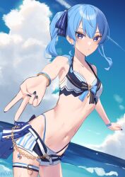 Rule 34 | 1girl, bare shoulders, bikini, bikini shorts, blue eyes, blue hair, blue nails, blue sky, bracelet, breasts, cloud, cowboy shot, day, earrings, hair ribbon, highres, hololive, hoshimachi suisei, jewelry, looking at viewer, nail polish, navel, ocean, outstretched arm, ribbon, short shorts, shorts, side ponytail, sky, small breasts, solo, star (symbol), star earrings, star in eye, stomach, swimsuit, symbol in eye, thigh strap, v, virtual youtuber, water, wet, you06