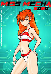 Rule 34 | 1girl, 2020, artist request, bikini, blue eyes, breasts, cover, dated, fake cover, hair ornament, hand on own hip, hand on own leg, hand on own thigh, interface headset, long hair, medium breasts, navel, neon genesis evangelion, orange hair, seductive smile, shiny skin, simple background, smile, solo, souryuu asuka langley, standing, striped bikini, striped clothes, swimsuit, title, very long hair