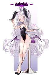 Rule 34 | 1girl, ahoge, animal ears, arm up, bar stool, bare shoulders, black footwear, black leotard, blue archive, blush, breasts, cocktail glass, collarbone, crossed legs, cup, demon girl, demon wings, drink, drinking glass, fake animal ears, fake tail, female focus, grey hair, groin, hair between eyes, hair ornament, hairclip, half-closed eyes, halo, hand up, high heels, highleg, highleg leotard, highres, hina (blue archive), holding, holding drink, holding tray, horns, leaning on object, legs, leotard, long hair, long legs, looking at viewer, low wings, outline, parted lips, picter, playboy bunny, purple eyes, purple horns, purple wings, rabbit ears, rabbit tail, shiny skin, shoes, sidelocks, small breasts, solo, standing, stool, strapless, strapless leotard, tail, thighs, tray, very long hair, watson cross, white outline, wings