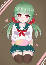 Rule 34 | 1girl, ahoge, artist request, battle girl high school, black hair, blush, breasts, collarbone, gift, green hair, hair ribbon, heart, heart-shaped pupils, highres, long hair, looking at viewer, low twintails, medium breasts, red eyes, ribbon, sadone, school uniform, seiza, simple background, sitting, smile, solo, symbol-shaped pupils, thighhighs, twintails
