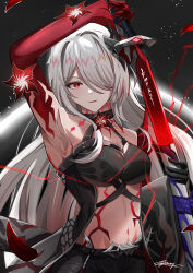 Rule 34 | 1girl, absurdres, acheron (honkai: star rail), arm up, armpits, bare shoulders, black choker, breasts, choker, commentary request, highres, holding, holding sword, holding weapon, honkai: star rail, honkai (series), katana, long hair, looking at viewer, medium breasts, midriff, miya-chan (lightning0730), navel, official alternate color, red eyes, scabbard, sheath, smile, solo, stomach, sword, tattoo, unsheathing, upper body, very long hair, weapon, white hair