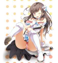 Rule 34 | 1girl, arm support, boots, bra, brown eyes, brown hair, coat, crotch seam, detached collar, dress, emoi do, fallen down, frilled dress, frills, fur-trimmed boots, fur-trimmed gloves, fur trim, gloves, hair ornament, highres, idolmaster, idolmaster shiny colors, knee boots, leaning to the side, light frown, long hair, looking at viewer, microphone, off shoulder, one eye closed, open mouth, panties, pink bra, pink panties, polka dot, polka dot background, short dress, sitting, sleeveless, sleeveless dress, solo, tassel, thighs, tsukioka kogane, underwear, wardrobe malfunction, white coat, white dress, white footwear, white gloves