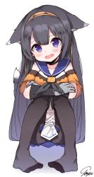 Rule 34 | 1girl, :d, animal ears, animal hands, black gloves, black hair, black nails, black pantyhose, blue sailor collar, blush, collarbone, commentary, crossed arms, dress, elbow gloves, full body, girls&#039; frontline, gloves, hair between eyes, hairband, halloween, head tilt, highres, long hair, looking at viewer, nail polish, no shoes, official alternate costume, open mouth, orange hairband, pantyhose, paw gloves, pigeon-toed, purple eyes, sailor collar, sailor dress, signature, simple background, sitting, smile, solo, super sass (girls&#039; frontline), super sass (wolf walker) (girls&#039; frontline), tail, tosyeo, very long hair, white background, white dress, wolf ears, wolf girl, wolf tail