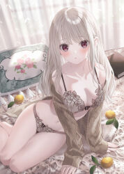 Rule 34 | 1girl, arm support, bare legs, bare shoulders, barefoot, blonde hair, blush, book, bra, breasts, brown bra, brown cardigan, brown panties, cardigan, cleavage, curtains, food, fruit, highres, indoors, jimmy madomagi, leaning to the side, lemon, long hair, medium breasts, navel, off shoulder, open cardigan, open clothes, original, panties, parted lips, pillow, red eyes, see-through, sitting, sleeves past wrists, solo, thighs, underwear, window, yokozuwari