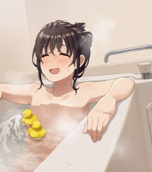 Rule 34 | 1girl, bath, bathing, bathroom, bathtub, black hair, blush, closed eyes, completely nude, eyebrows hidden by hair, facing viewer, indoors, mattaku mousuke, nude, open mouth, original, partially submerged, rubber duck, solo, water, wet, wet hair