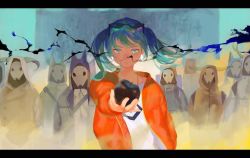 Rule 34 | 1girl, abstract, alternate hair length, alternate hairstyle, antlers, apple, aqua eyes, aqua hair, eyewear on head, food, fruit, hatsune miku, hood, horns, letterboxed, looking at viewer, mask, muted color, outstretched hand, satomatoma, short twintails, suna no wakusei (vocaloid), sunglasses, twintails, vocaloid